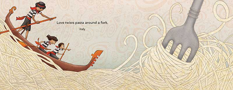 Illustration: Gondola with boy and man riding waves of spaghetti